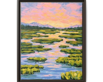 Original Oil Painting: Salt Marsh Sunset Landscape - Impasto Coastal Art - Golden Hour Art