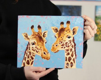 Giraffe Oil Painting Original African Safari Wildlife Animal Art 8x10 inch.