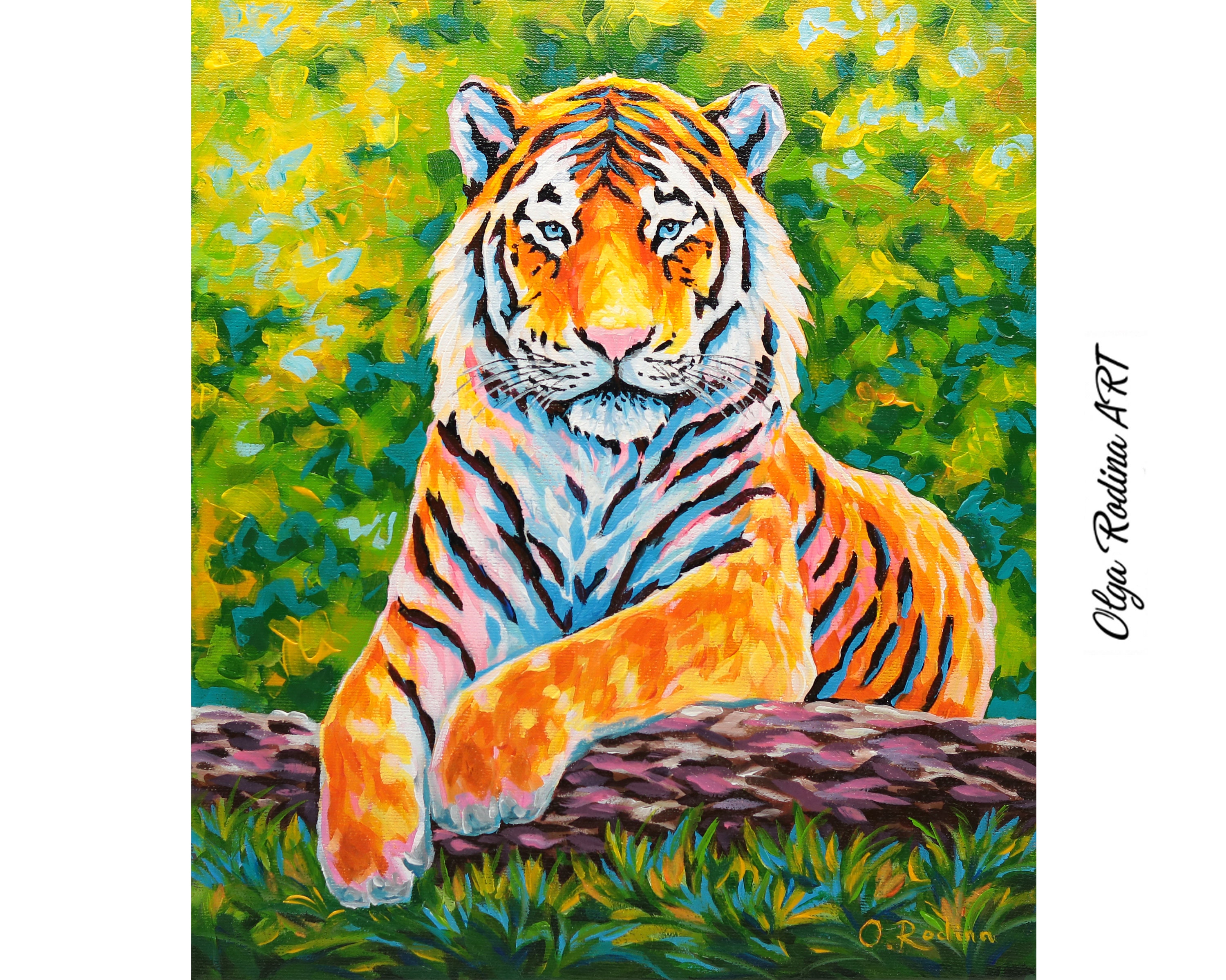 絵画 Tiger Original Tiger Painting on Canvas: Colorful Wild Animal Art (12x14