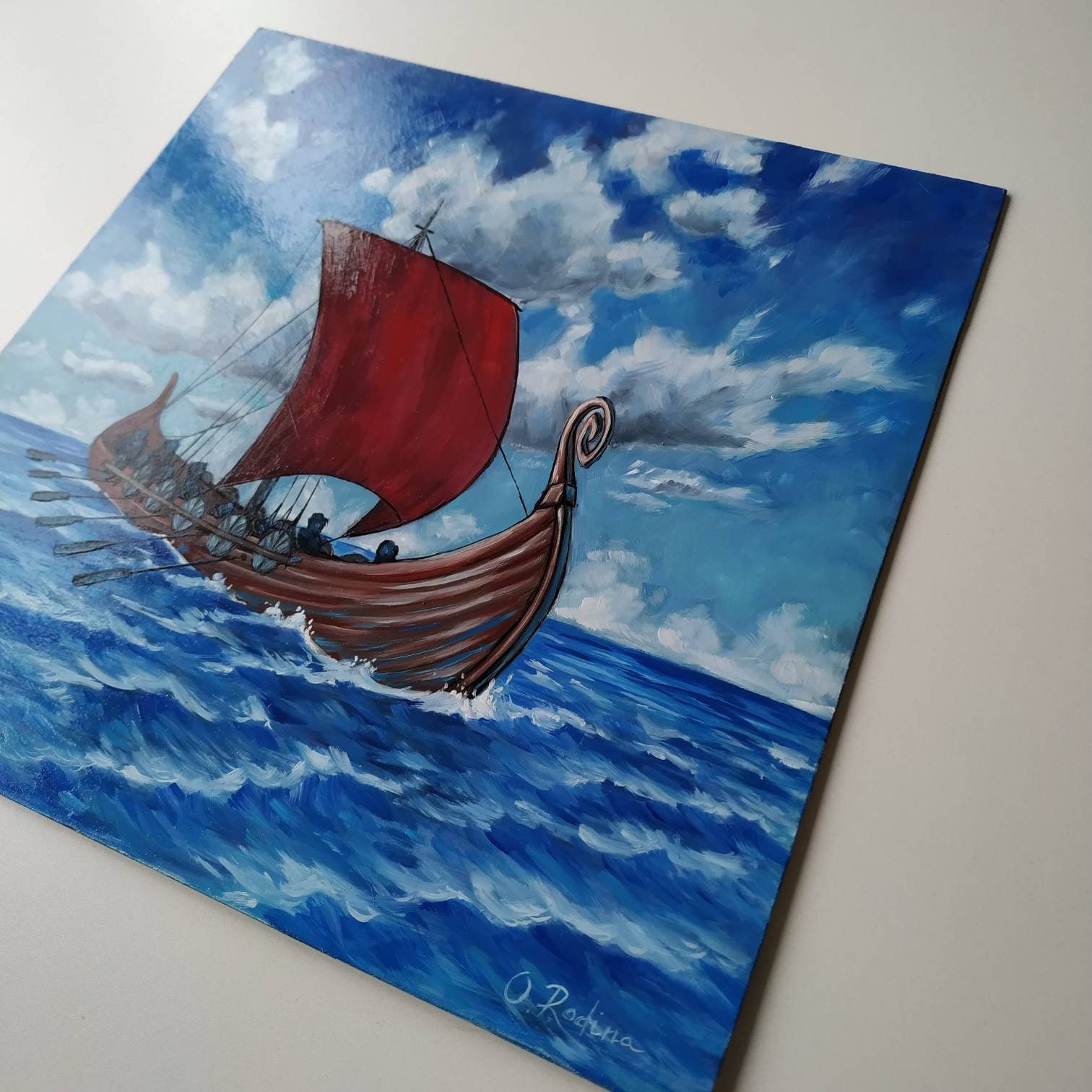 16ч16 Viking Longship with Red Sail painting Viking ship oil Etsy