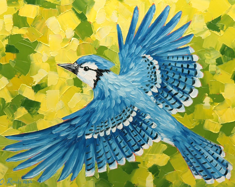 Blue Jay Bird Painting Original Blue Jay Flight Art Blue Jay Flying Bird Oil Painting image 1