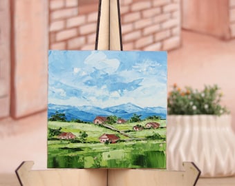 Original Landscape Painting – Small Palette Knife Art with Green Fields and Mountains
