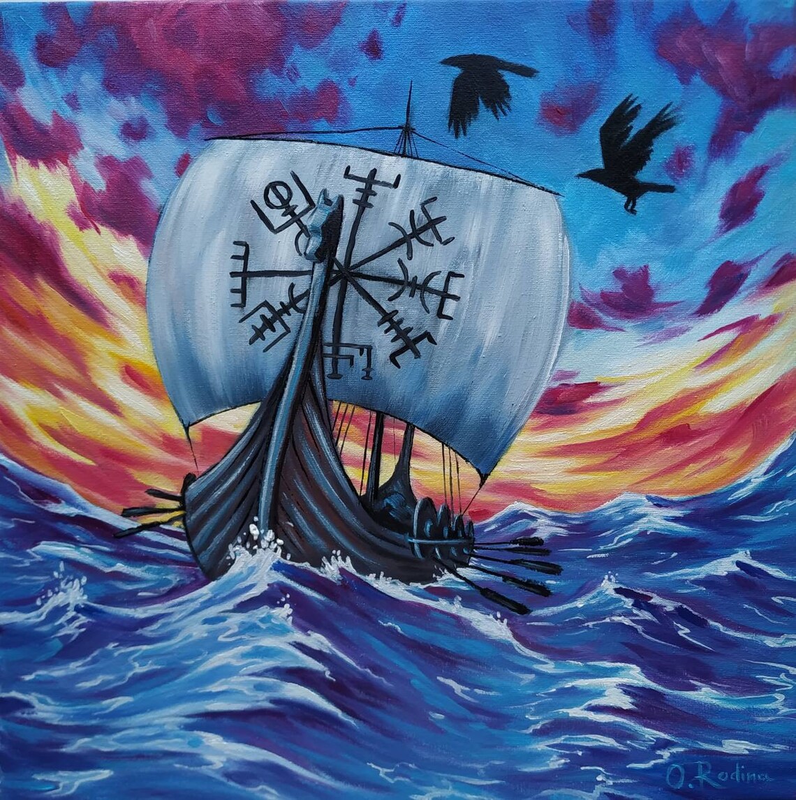 Drakkar Viking ship Oil Painting on Canvas Vegvisir Viking Etsy