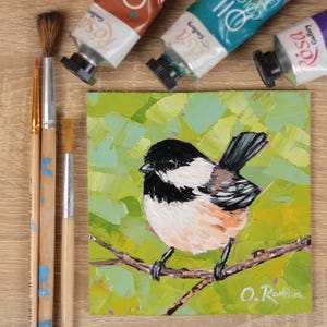 Black Capped Chickadee Art Original Bird Painting 4x4 Colorful Small Bird Artwork Nature Painting Gifts