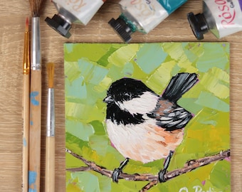 Chickadee Art: Original Small Bird Oil Painting, Nature Artwork