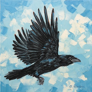 Raven Painting on Canvas 12x12&quot; Square Oil Painting - Black Bird Painting - Flying Bird Wall Art - Raven Lovers Gift - Crow Fly Artwork
