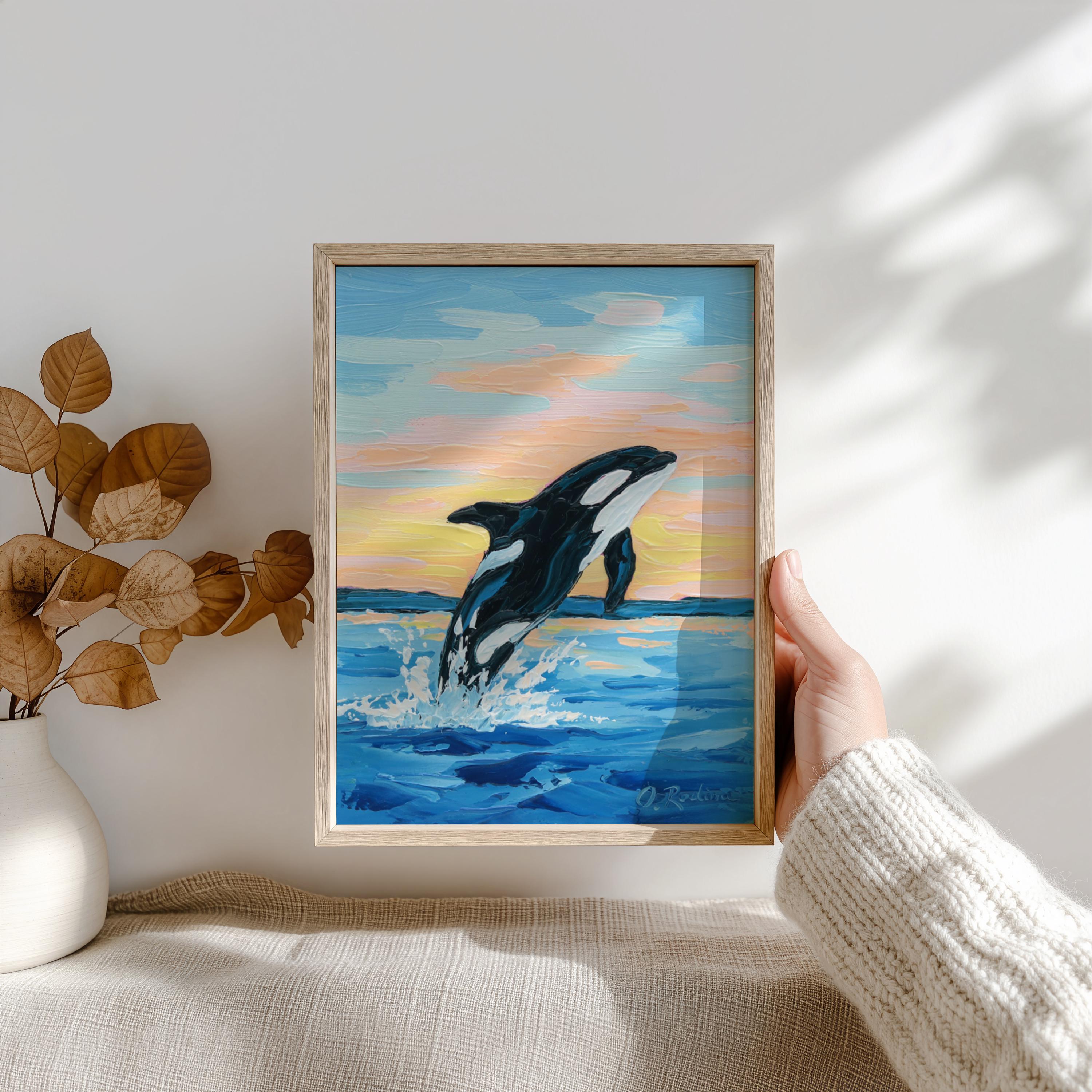 Orca Oil Painting Original – Killer Whale Jumping at Sunset, Ocean