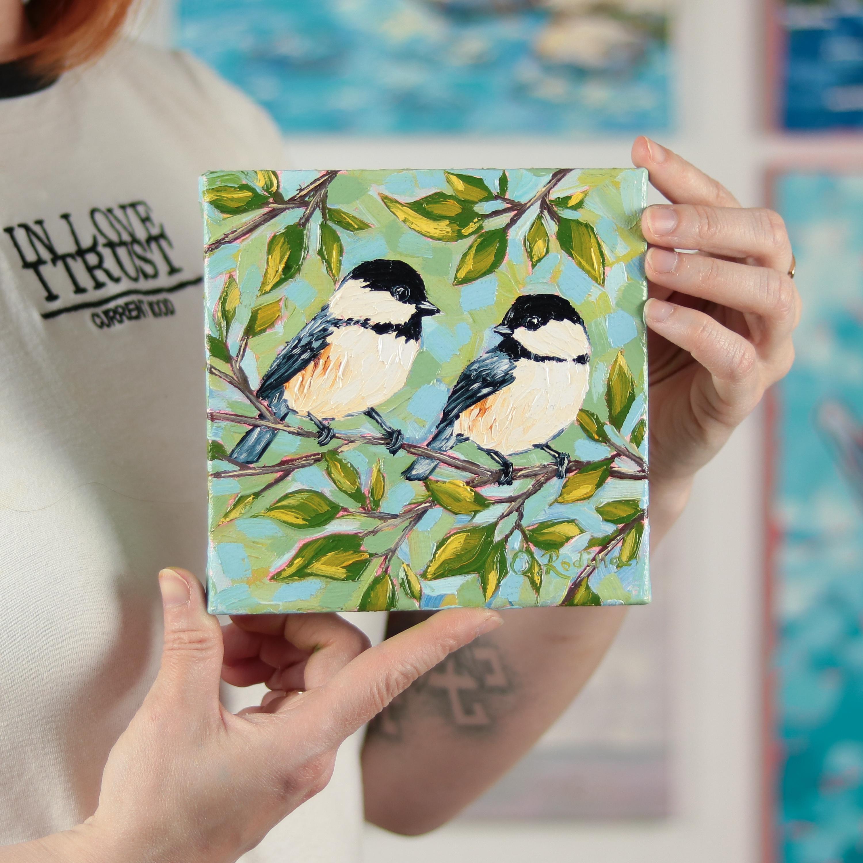 Chickadee Pair Oil Painting Original on Canvas - Black Capped Chickadees Art Chickadee Backyard Birds Wall Art Small Painting Bird Gift