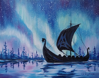 Norse Mythology Art Drakkar Viking Ship Painting on Canvas Viking Longship Oil Painting Northern Lights Viking Art Painting Viking Decor