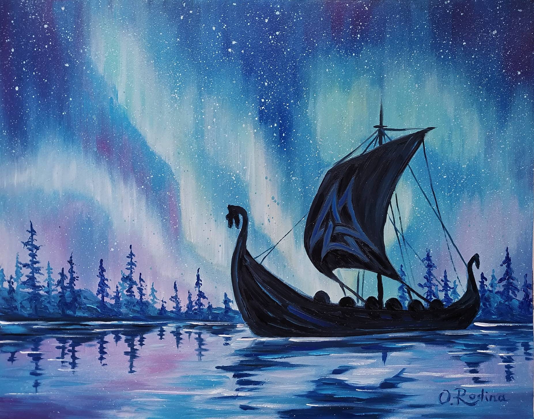 Original Viking Longship Oil Painting Vegvisir Viking Ship Wall Art ...