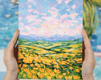 Oil Painting Original Abstract Landscape Wall Art California Poppies Wildflowers Art Colorful Impasto