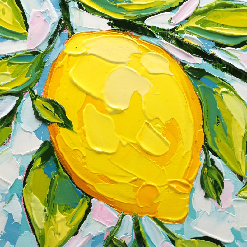 Kitchen Fruit Oil Painting on Canvas Original Lemon Branch Art Lemon Wall Art Palette Knife Art Lemon Decor 12x16 Painting image 4