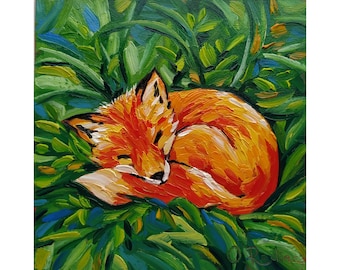 Sleeping Fox Oil Painting oryiginal on Canvas 6x6 Fox Painting fox art colorful fox painting fox artwork original animal small oil painting