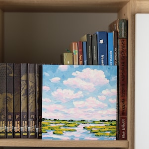 Cape Cod Salt Marsh Oil Painting Original 8x8 Cloud Oil Painting Low Country Landscape Art Marsh Blue Sky Palette Knife Painting