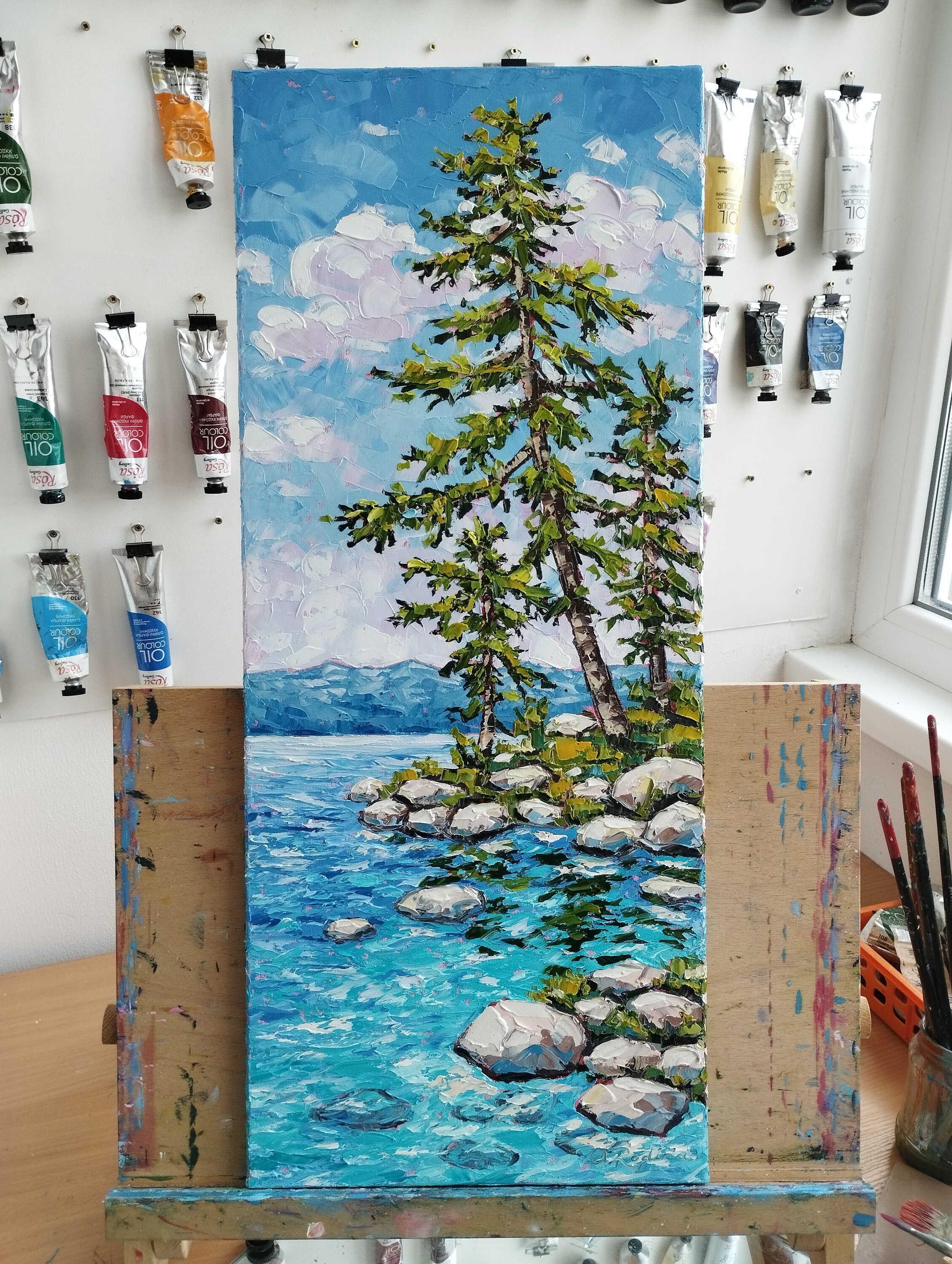 Original Lake Oil Painting: Vertical Impasto Landscape Art (24x10 In ...