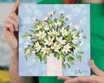 Daisies Oil Painting Original Impasto Textured Floral Art Still Life, 8x8"