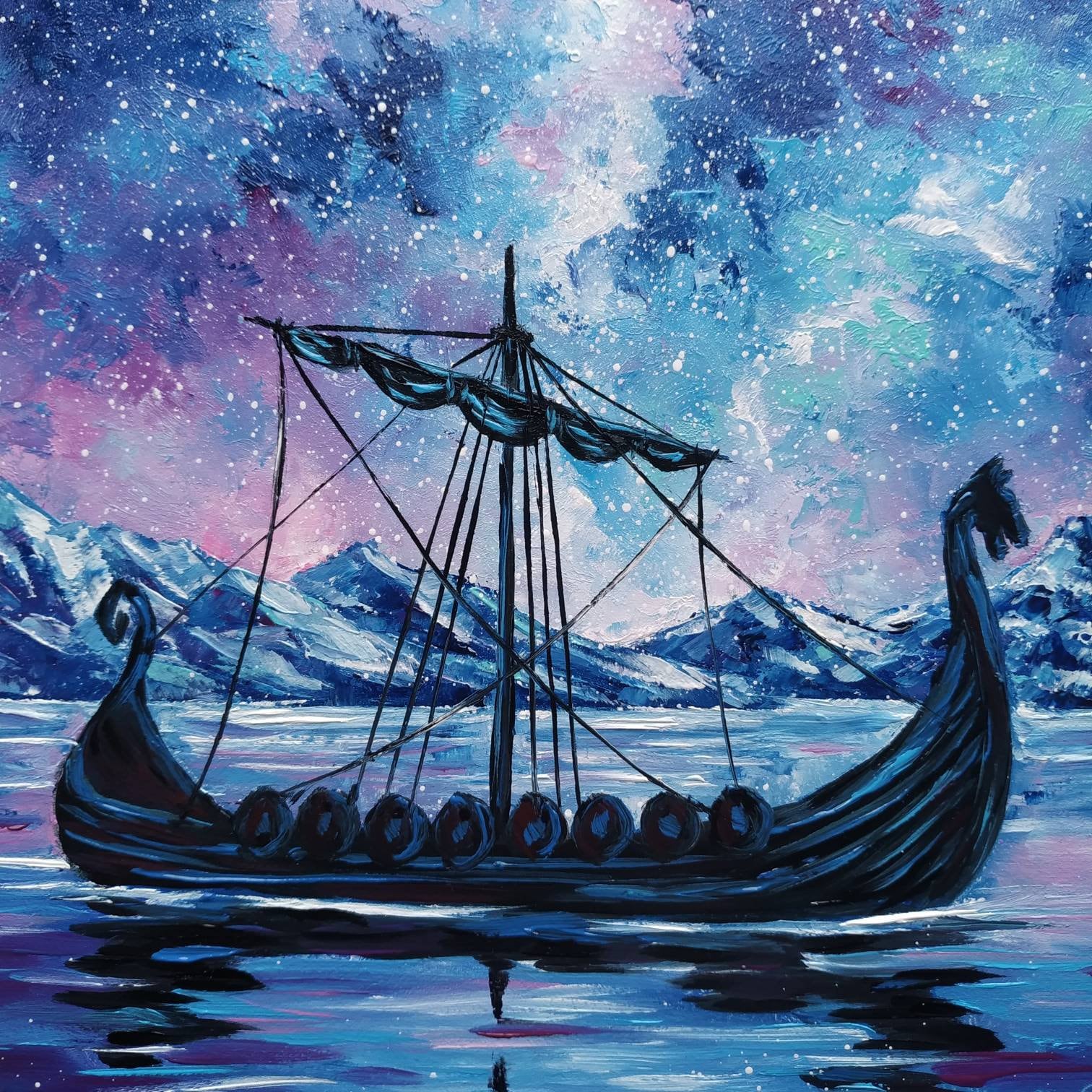 Original Viking Longship Oil Painting Vegvisir Viking Ship Wall Art