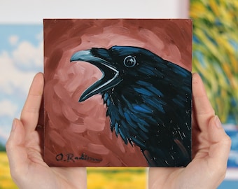 Pintura original de corvo - Arte mística de pássaro - Arte de parede de corvo
