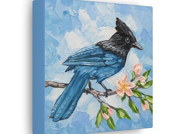 Steller's Jay Bird Print on Canvas - Bird Oil Painting Print - Fine Art Prints