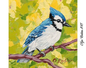 Blue Jay Painting Original Oil Blue Jay Bird Small Oil Painting Original Blue Jay Bird Art Wall Art 4x4 Tiny Bird Palette Knife Oil Original