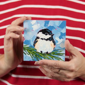 Black Capped Chickadee Original Oil Painting - Tiny Bird Art - 4x4 Bird Painting - Gift for Her