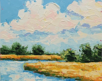 Midwest Landscape Oil Painting Original Peaceful Lake Cloud Art (8x8 inches)