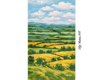 Tall Vertical Oil Painting Original: Countryside Landscape, Harvest Field (6x10")