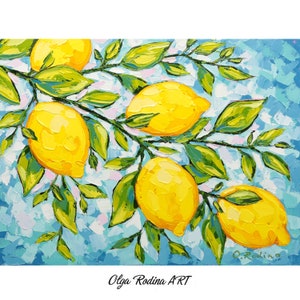 Kitchen Fruit Oil Painting on Canvas Original Lemon Branch Art Lemon Wall Art Palette Knife Art Lemon Decor 12x16 Painting image 1