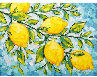 Kitchen Fruit Oil Painting on Canvas Original Lemon Branch Art Lemon Wall Art Palette Knife Art Lemon Decor 12x16" Painting