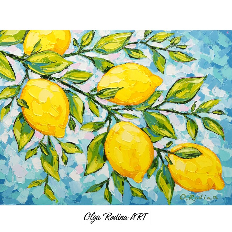 Kitchen Fruit Oil Painting on Canvas Original Lemon Branch Art Lemon Wall Art Palette Knife Art Lemon Decor 12x16 Painting image 1
