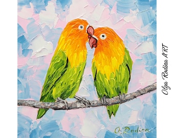 Original Lovebird Peinture à l’huile Perroquet Art Work Petite 6x6 Peinture à l’huile Paire de Lovebird Wall Art Perruche Peinture Oiseau Art Original