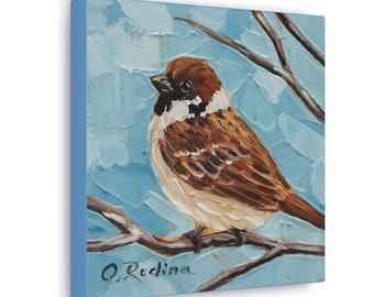 Sparrow Bird Print on Canvas - Bird Oil Painting Print - Sparrow Art Print - Square Bird Canvas Print