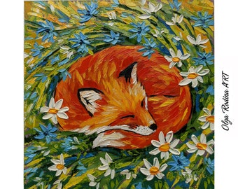 Sleeping Fox Oil Painting Original Fox in Daisies and Grass Artwork Cute Red Fox Painting Art 8x8 Oil Painting Red Fox Wall Art