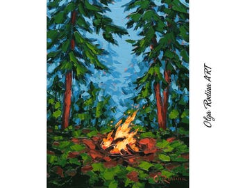 May include: A painting of a campfire in a forest. The fire is burning brightly and the trees are tall and green. The sky is blue and there are clouds in the distance.