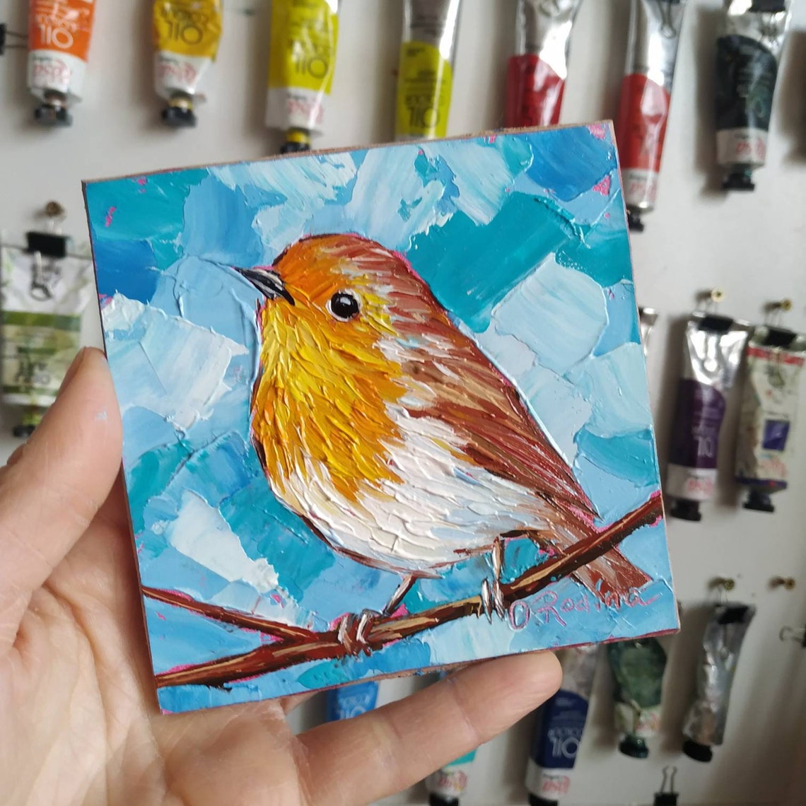 Robin Oil Painting Original 4x4 Robin Bird Painting Robin Bird Etsy