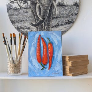 Red Chili Pepper Oil Painting Original Chillies Still Life Painting Vegetable Food Wall Art Hot Pepper Art Blue Background - Gift Home Decor