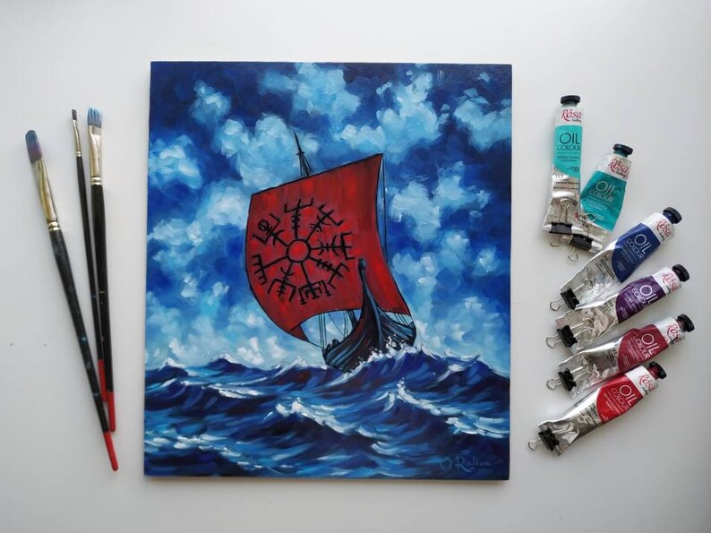 Original Viking Longship Oil Painting Vegvisir Viking Ship Etsy