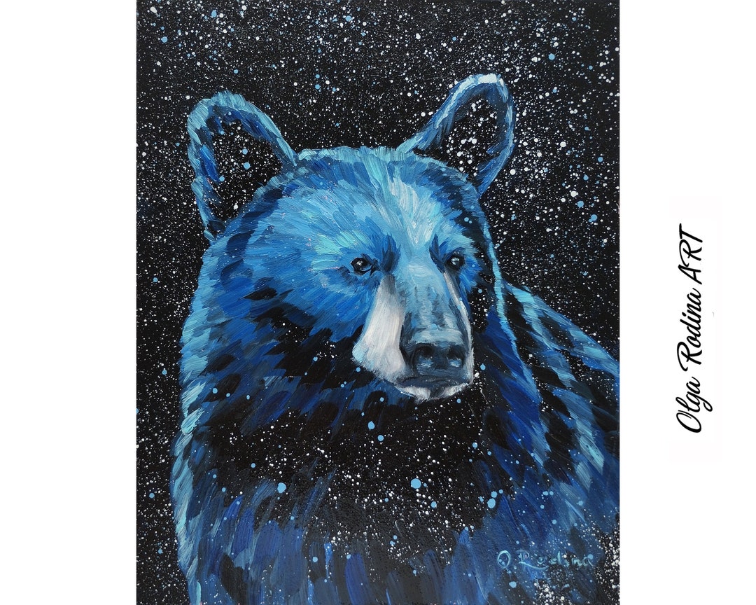 Black Bear Painting Original on Canvas Bear Night Sky With Star Art