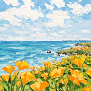 California Poppy Oil Painting on Canvas Big Sur Painting Central Coast Original Painting Palette Knife Landscape California Beach Wall Art