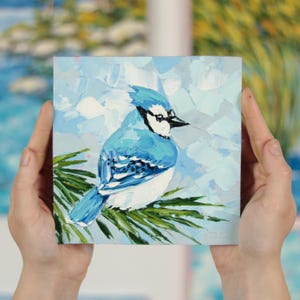 Blue Jay Oil Painting Bird Art Original 6x6 Abstract Impasto Art - Bird Lover Gift - Blue Bird Wall Art -  Gifts Home Decor