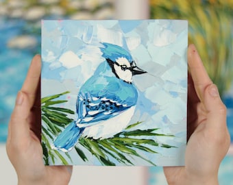 Blue Jay Oil Painting: Abstract Impasto Bird Art, 6x6 Original