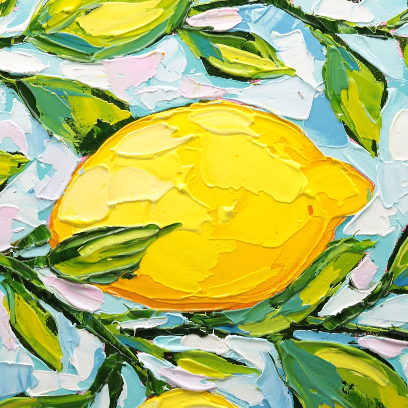 Kitchen Fruit Oil Painting on Canvas Original Lemon Branch Art Lemon Wall Art Palette Knife Art Lemon Decor 12x16 Painting image 6