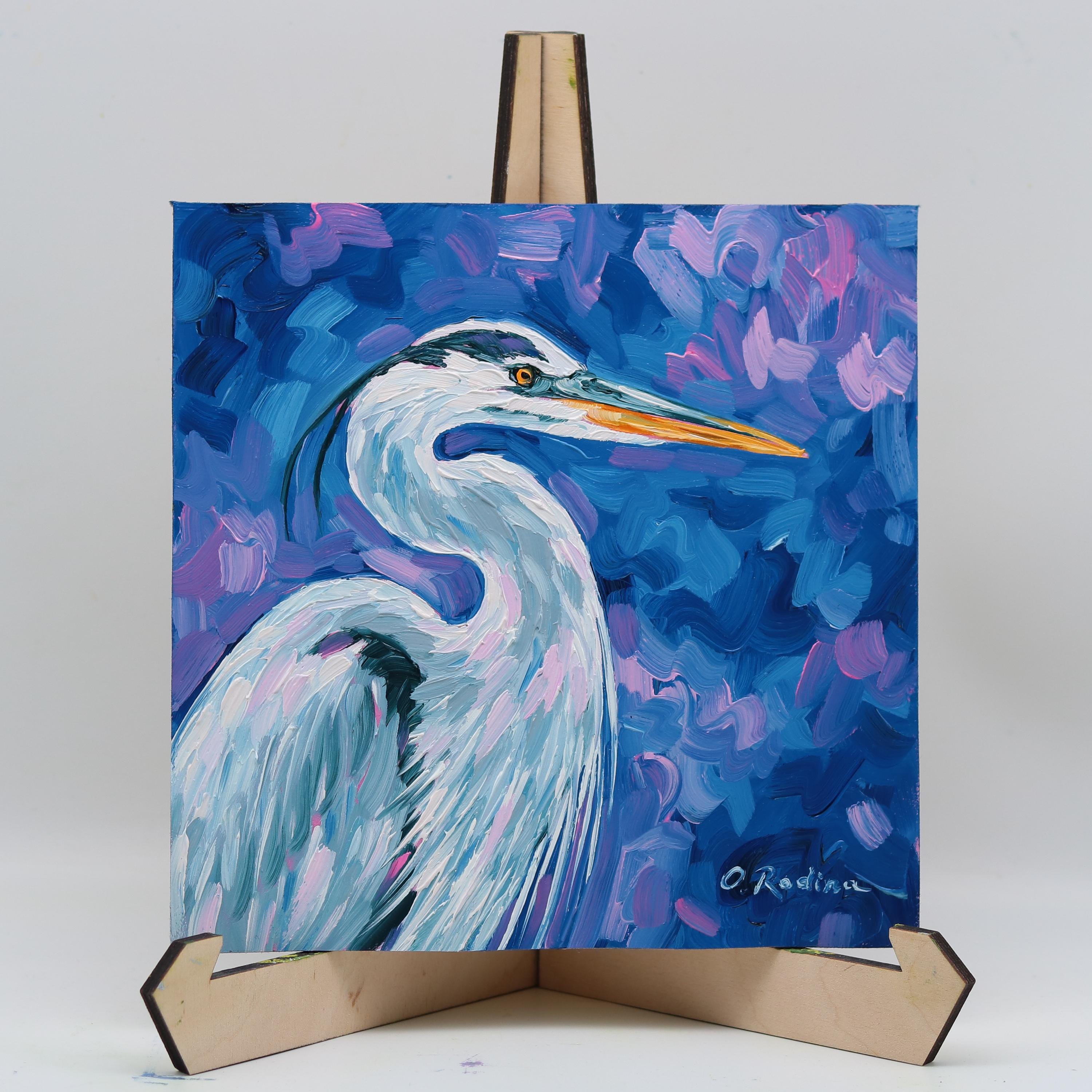 アオサギのオリジナル油絵 8x8インチ 鳥の壁掛けアート - 現代アート