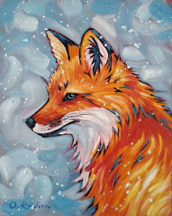 Original Fox Oil Painting Red Fox Art Painting Original Night Sky Fox