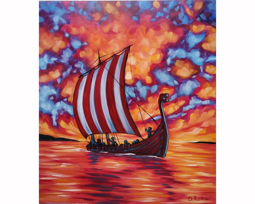 Viking Ship Original Oil Painting Viking Longship Art Painting Drakkar