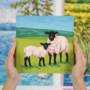 Sheep And Lamb Original Oil Painting - Sheep In A Field Art - Farm Animal Wall Decor - Fine Art - Hand Made Painting