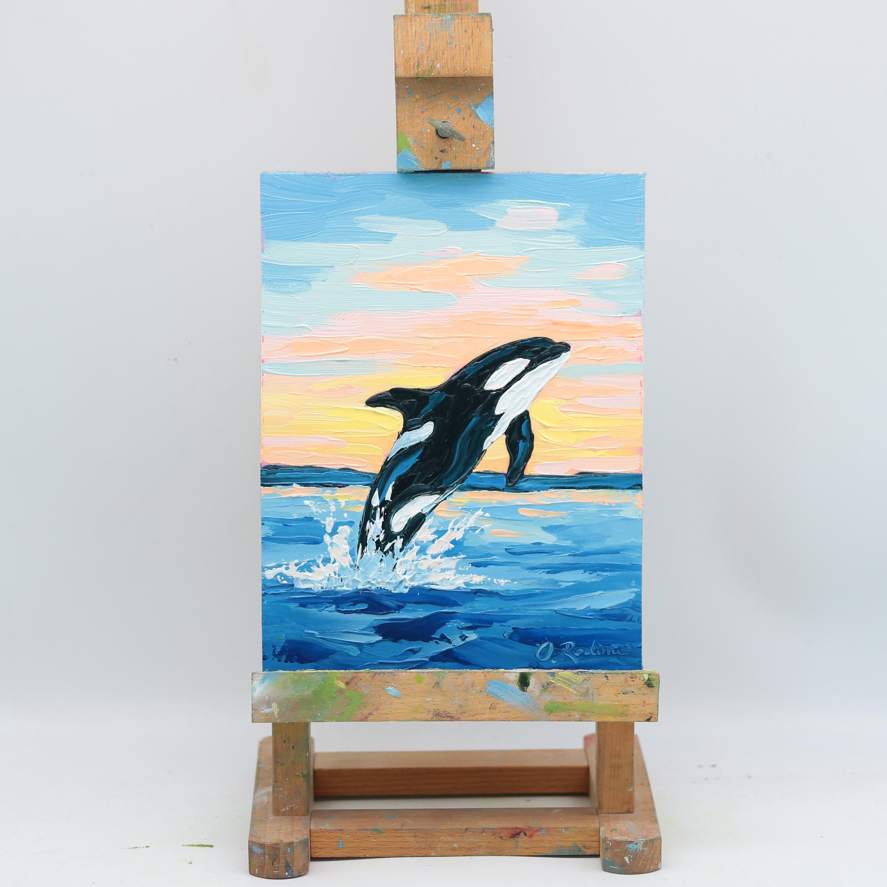 Orca Oil Painting Original – Killer Whale Jumping at Sunset, Ocean