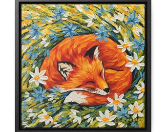 Sleeping Fox Print on Canvas Framed - Fox Painting Print - Red Fox in Flowers Art Print - Colorful Animal Canvas Print - Whimsical Fox Art