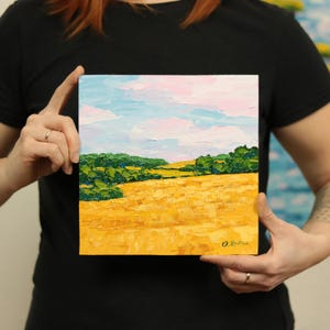 Landscape Art Original, Wheat Field & Sky Wall Art Countryside Oil Painting Yellow Meadow  Art Prairie Gift Home Decor