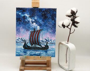 Viking Ship Painting Oil Original on Canvas 8x10" Drakkar Wall Art Starry Night Norse Mythology Painting